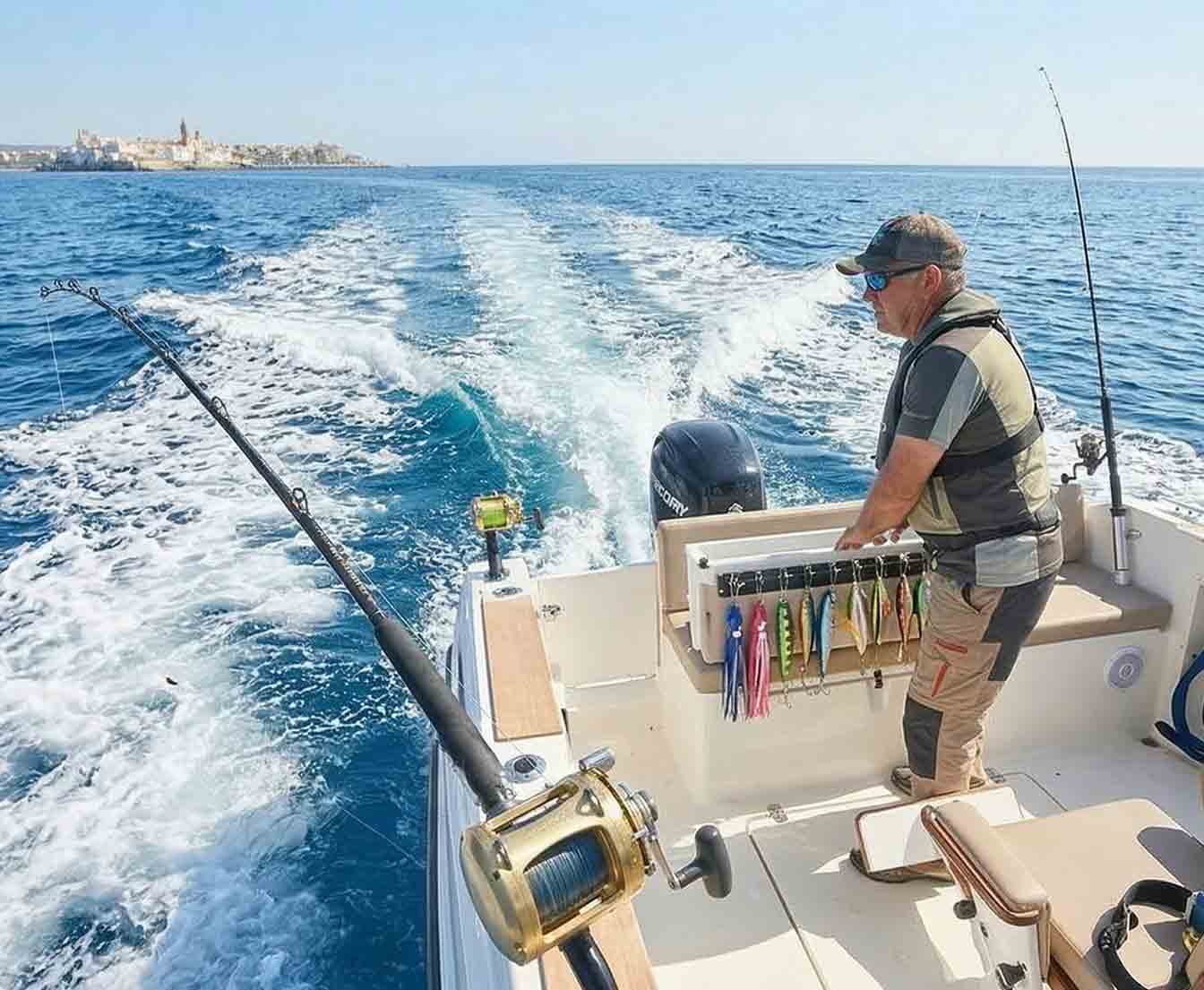 patrón Percador profesional en un barco de alquiler con unos clientes que quieren pescar en pesca de altura